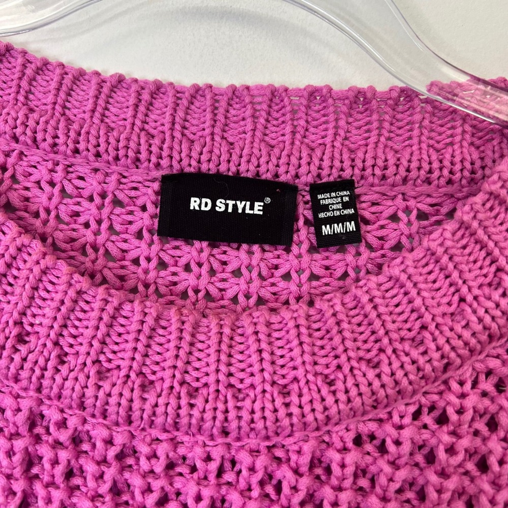 Rd Style Darla Crewneck‎ Cropped Sweater Women's Size Medium Pink Crochet Knit - Picture 4 of 10